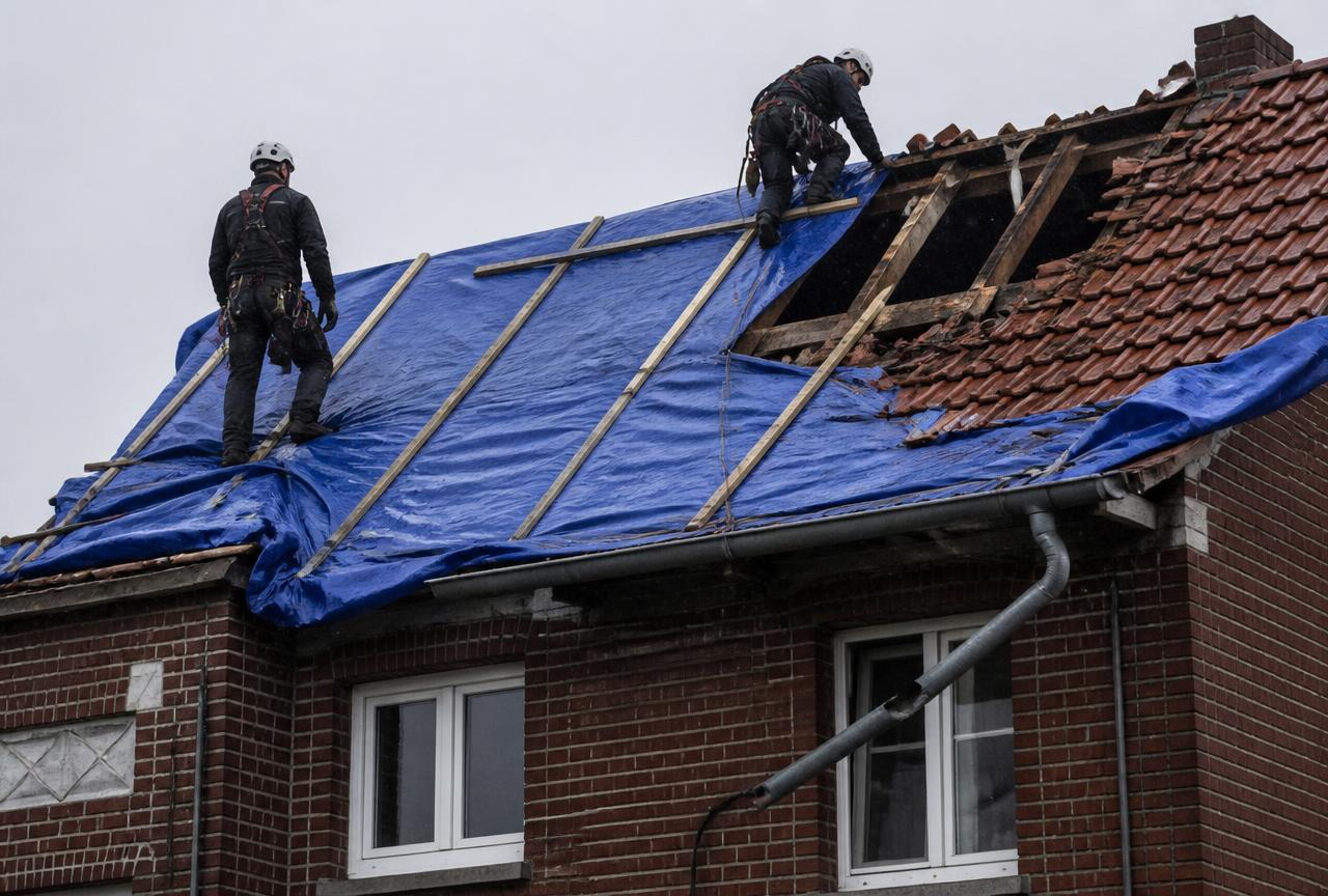 Deux couvreurs posant une bâche bleue sur un toit en tuiles mécaniques effondré d'une maison en brique du Nord