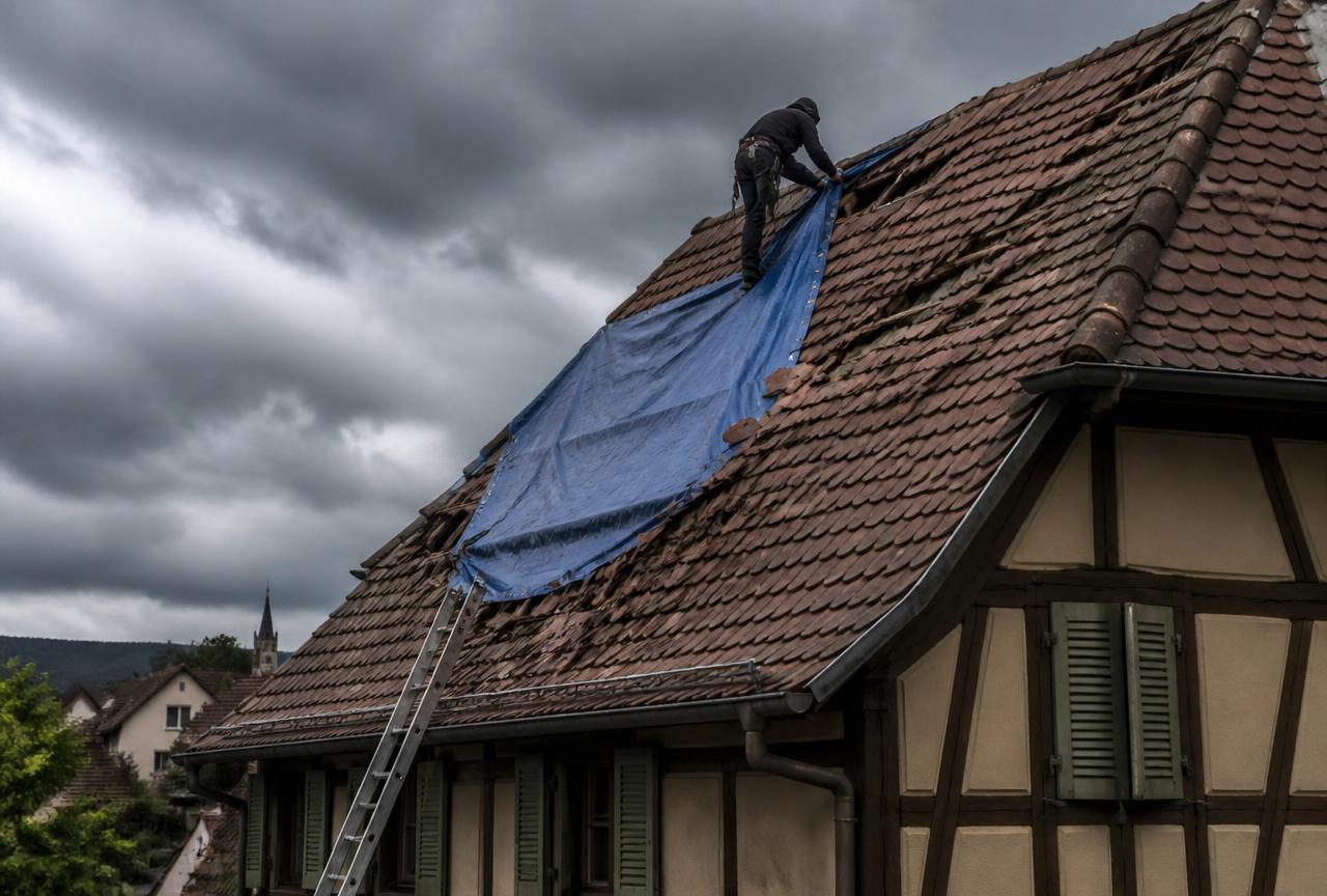 Bâche bleue posée sur une toiture en tuiles plates d'une maison alsacienne à colombages après la grêle