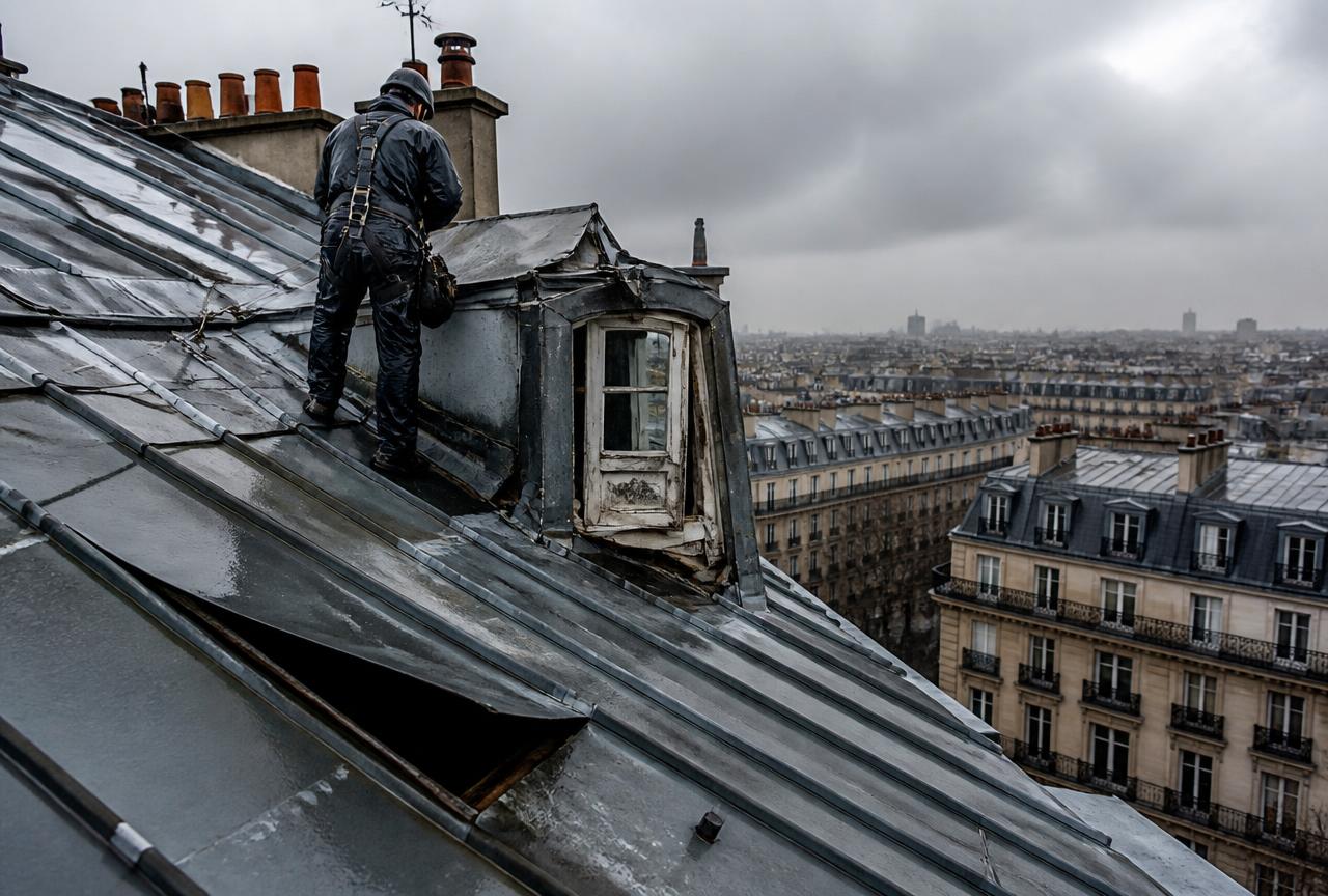 Couvreur zingueur sur une toiture en zinc parisienne avec une tôle soulevée par le vent